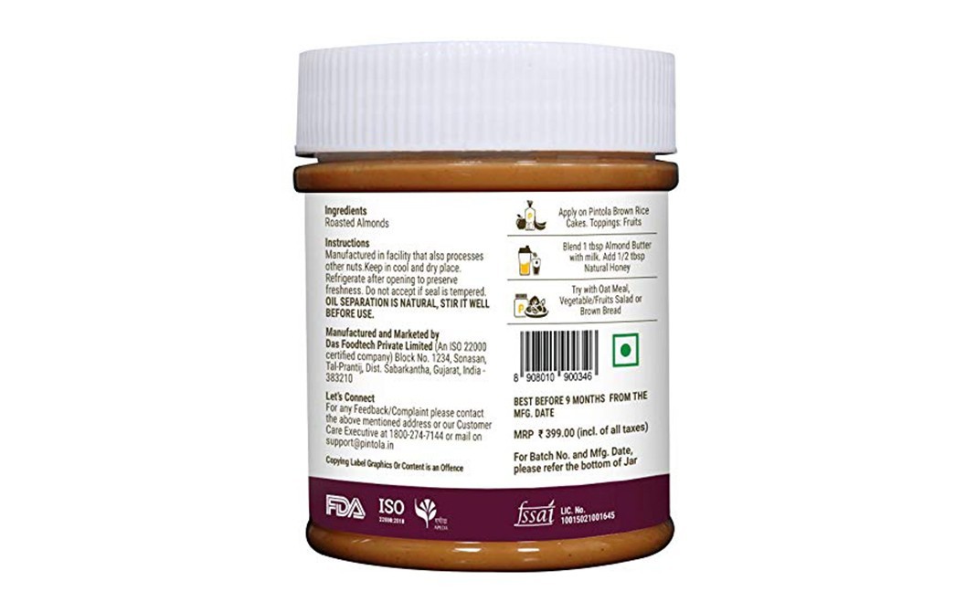 Pintola Almond Butter Creamy    Plastic Jar  200 grams